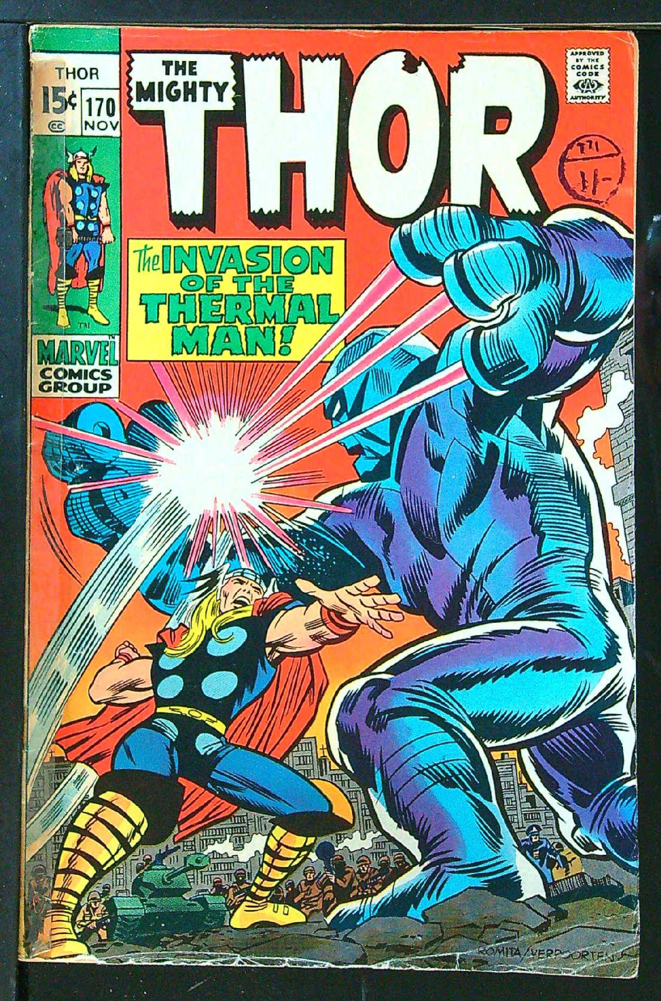 ACTUAL SCAN OF COMIC!<br>Distribution Stamp & tape on cover - See Scan Cover of Thor (Vol 1) #170. One of 250,000 Vintage American Comics on sale from Krypton!