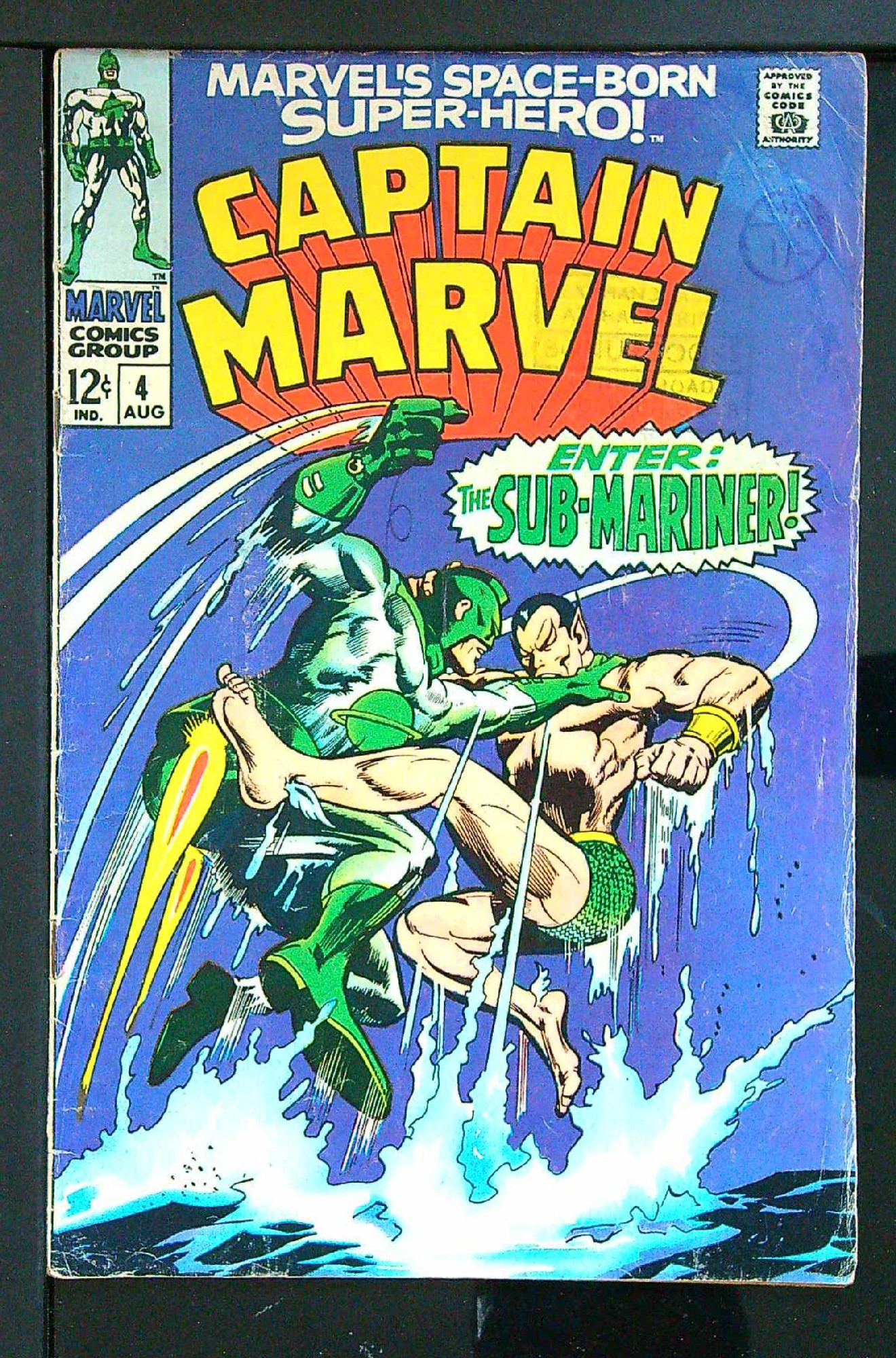 Captain Marvel vs Sub-Mariner<br>ACTUAL SCAN OF COMIC!<br>Distribution Stamp & Pen on Cover - See Scan Cover of Captain Marvel (Vol 1) #4. One of 250,000 Vintage American Comics on sale from Krypton!
